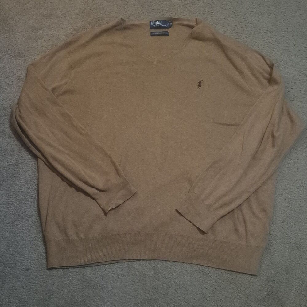 Polo Ralph Lauren Cotton V-Neck Pullover Sweater Tan Men's 2XB Brown Logo